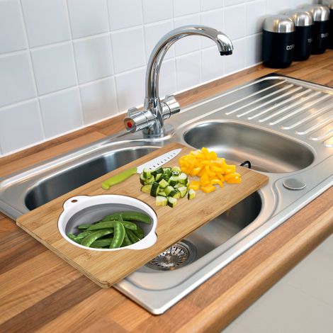 Planche à découper en bambou avec passoire intégrée – 2-en-1 pour découpe et égouttage – Couleur marron et gris – Dimensions optimales pour cuisine – Cook Concept