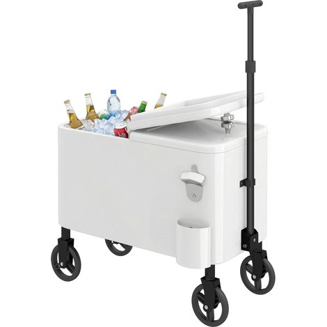 Chariot isotherme 56 L à roulettes, poignée réglable, ouvre-bouteille, porte-gobelet, système d'évacuation et poignée, 75 x 35 x 120 cm, blanc (1/5)