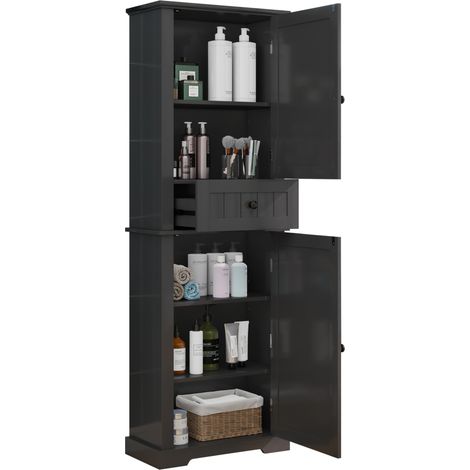 Meuble de salle de bain noir, 2 portes et tiroir central, étagères réglables, finition laquée résistante à l’humidité, design moderne à relief vertical – CHICFURN (1/5)