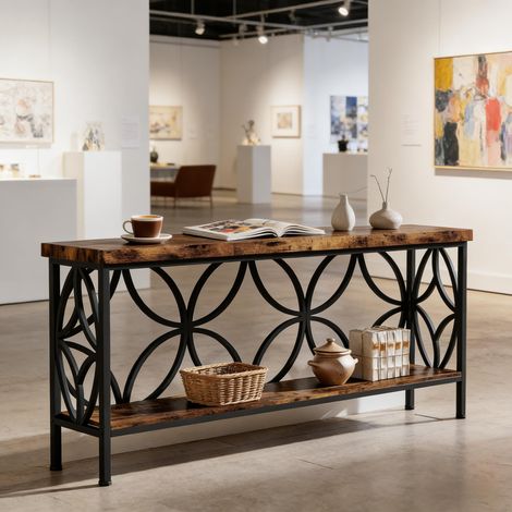 Table basse industrielle 2 niveaux, meuble console étagère, bibliothèque rangement, table salon style loft, bois métal, rangement double étage (1/5)