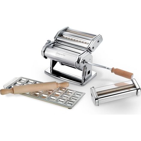 Imperia Pastaia Italiana Kit de Máquina para Pasta Fresca Manual en Acero Inoxidable con Molde para Ravioli, Cortadora de Pasta y Rodillo - 100% Hecho en Italia