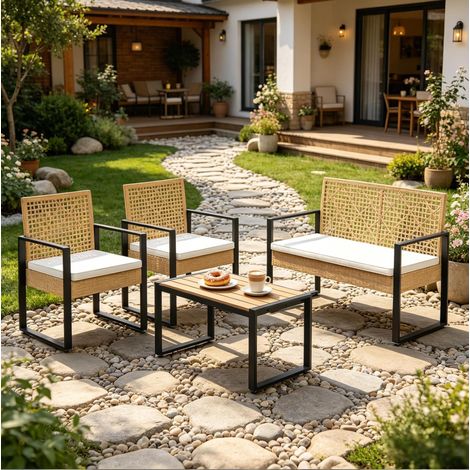 Conjunto muebles jardín ratán 4 piezas natural wood OKMYHOME (1/5)