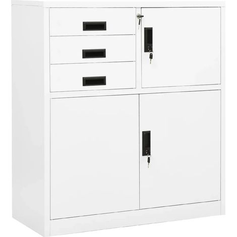Armoire de bureau blanche 90 x 40 x 102 cm avec étagère réglable et 3 tiroirs design moderne en acier blanc (1/5)