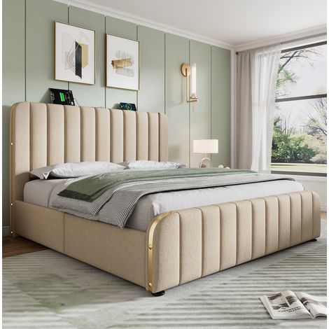 Bett 160x200 cm gepolstert in Beige mit Kopfteil, USB/Type-C, 4 Schubladen, Lattenrost und Matratze (1/5)