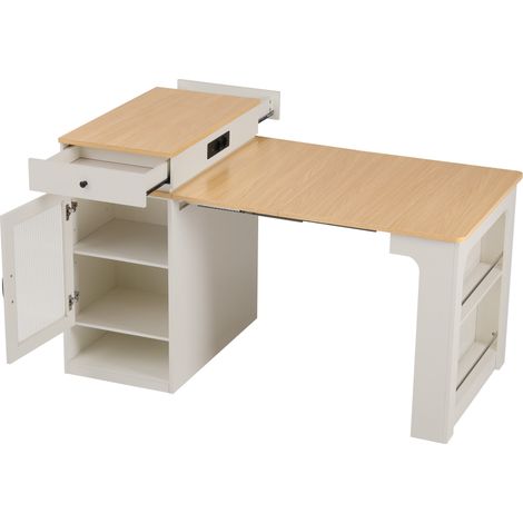 Table à manger extensible avec roulettes, îlot de cuisine blanc avec prises intégrées et plateau amovible (1/5)