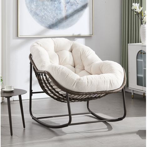 Fauteuil à bascule de jardin en rotin synthétique, coussin rembourré, blanc DESVIAE (1/5)