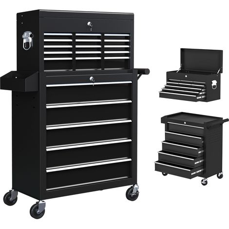 HOMCOM Rolling Tool Cabinet on Wheels with 14 Drawers, Pegboard and Side Rack, Lockable Top Tool Chest and Roller Cabinet Combo for Workshop and Hom Black