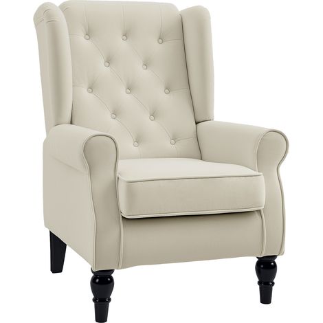 HOMCOM sillón orejero moderno, butaca de salón con reposacabezas y patas de madera, sofá individual carga 160 kg para oficina, sala de estar, crema