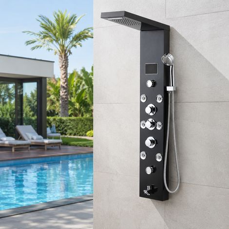 TolleTour Columna de ducha inox 304 negro, 6 en 1 con lluvia, cascada, masaje, ducha de mano, caño bañera, LED con pantalla, conexión G1/2 para baño (1/5)
