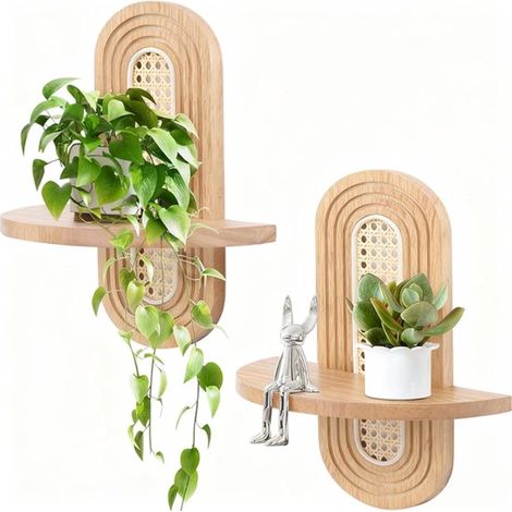 Ensemble de 2 étagères murales flottantes - Étagère murale - Étagère murale en bois - Étagère murale flottante - Étagère décorative en rotin - 35 x 16 cm - Couleur bois naturel (1/5)