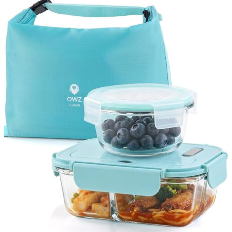 bento lunch box en verre 1040 ml + bol soupe 400 ml – lunch box adulte micro ondable avec sac isotherme et couverts – boite à lunch étanche pour repas au travail (1/5)