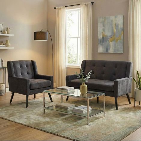 Juego de 2 sillones tapizados, asiento acolchado de espuma de alta densidad, tejido gris oscuro (1/5)