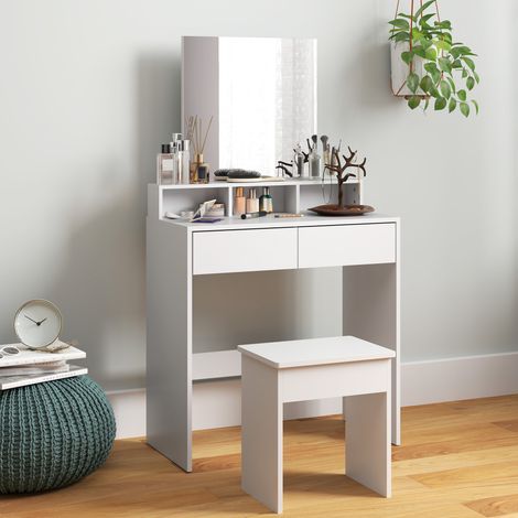 Blanche - Station maquillage avec tabouret, table de coiffeuse avec miroir, 3 étagères, 2 tiroirs, 75x38x135 cm