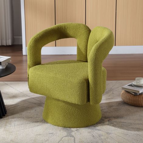 Fauteuil pivotant 360° en bouclé vert olive 67 x 55 x 74 cm, base métal et dossier enveloppant (1/5)