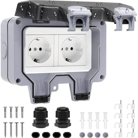 Prise Exterieure Etanche IP66 Prise de Courant et Volet de Protection Double Prise Electrique Multiprise Murale pour Jardin, Garage, Piscine Cuisine, Salle de Bain (1/5)