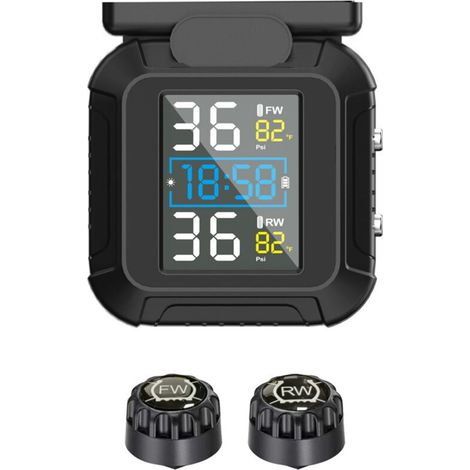 Motorcycle TPMS Système de Surveillance de la Pression des pneus sans Fil pour Moto chargeable par et USB Moto TPMS avec 2 capteurs externes Affichage LCD numérique TPMS pour Moto à Deux Roues (1/4)