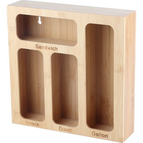 Organiseur de Sacs de Stockage Alimentaire Anti-Dérapant et Murale avec Gravure en Grain Bois pour Sacs Sandwich et Quart, Marque Personnalisée, Modèle EcoKitchen, Dimension 30x30cm, Coloris Marron, 1 (1/5)