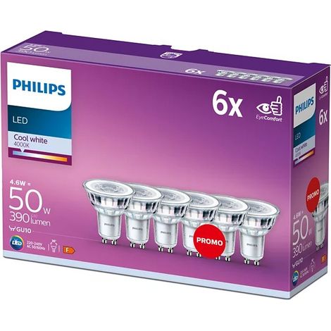 Lot de 6 ampoules LED GU10 PAR16 4.6W = 50W 390lm 4000K neutre 36° PHILIPS (1/4)