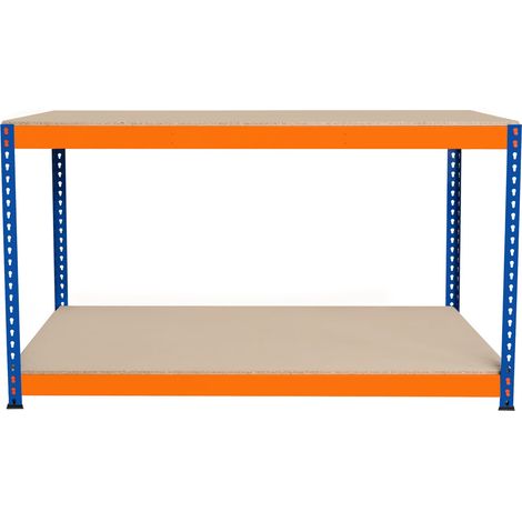 Banco da Lavoro Garage 150x60x90cm - 2 Ripiani, Acciaio Rinforzato, 300kg/Ripiano, Montaggio Senza Bulloni, Layout Regolabile, Piedini in Gomma, 2 Barre di Supporto