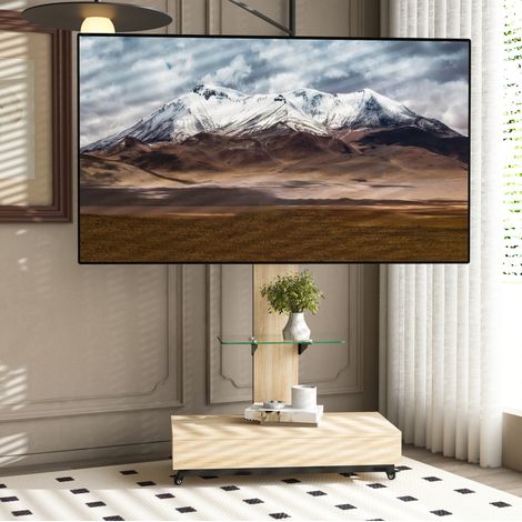 Supporto TV mobile in MDF e metallo color legno naturale, per TV 32-75 pollici con ripiano in vetro e cassetto (1/5)