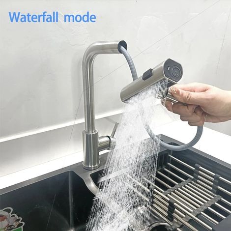Robinet de cuisine extractible (G1/2 brossé), mitigeur flexible pour évier de cuisine avec eau chaude et froide, montage sur plage et mode douchette. (1/5)