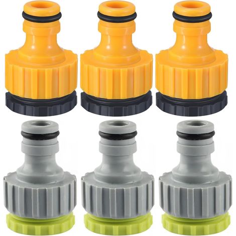6 Pièces Raccord Tuyau D'arrosage, 1/2" et 3/4" Raccord de Robinet Connecteur Tuyau Arrosage, Pièces et Raccords de Tuyau D'arrosage (Gris, Jaune) (1/5)