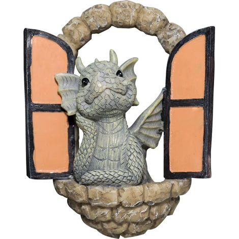 Solar Dragon Garden Statue, Resin Wall Ornament with Fairy Door, Outdoor Decoration (1/5)
