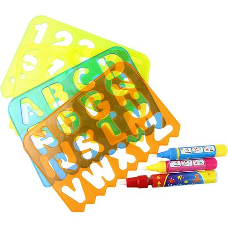 Lot de 4 pochoirs alphabet géométrique en plastique pour enfants, avec 3 stylos, modèles de dessin creux (1/4)