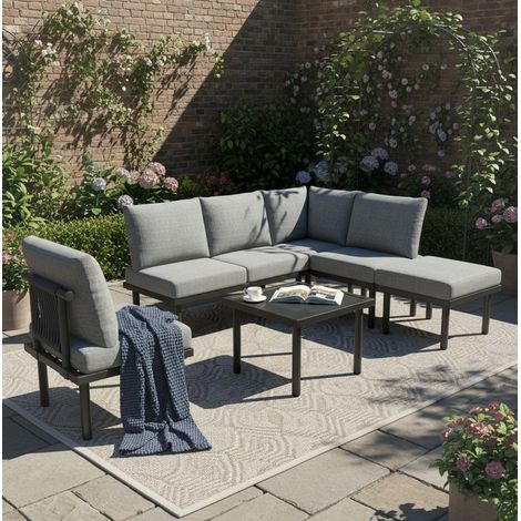 Ensemble salon de jardin 6 places gris en olefin avec pieds réglables (1/5)