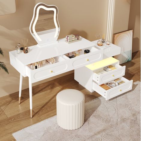 Tocador in truciolare bianco con LED e 4 cassetti, design salvaspazio (1/5)
