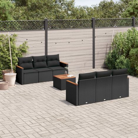 vidaXL Gartenliegenset 7-teilig mit Kissen Schwarz Rattan (1/5)