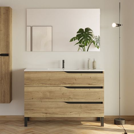 Meuble de salle de bain 120cm simple vasque - 3 tiroirs - madera miel (bois clair) - MATA (1/5)