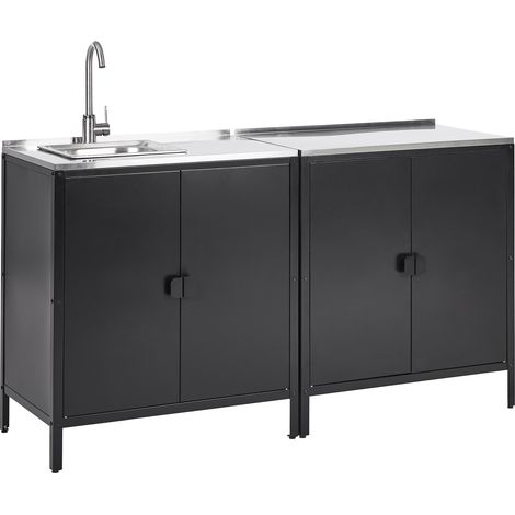Conjunto de cocina 2 piezas de exterior acero inoxidable 2 armarios de cocina fregadero monomando negro Vilama