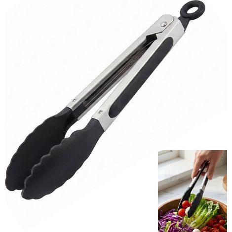 Kitchen Tongs, Heavy Duty Barbecue Tongs Stainless Steel Silicone for Serving Barbecue Buffet Grilling Black (1/5)