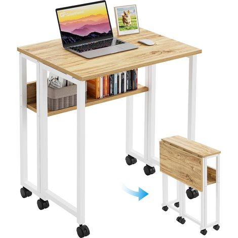 Bureau Pliable à roulettes, 63cm Table d'appoint avec Rangement (1/5)