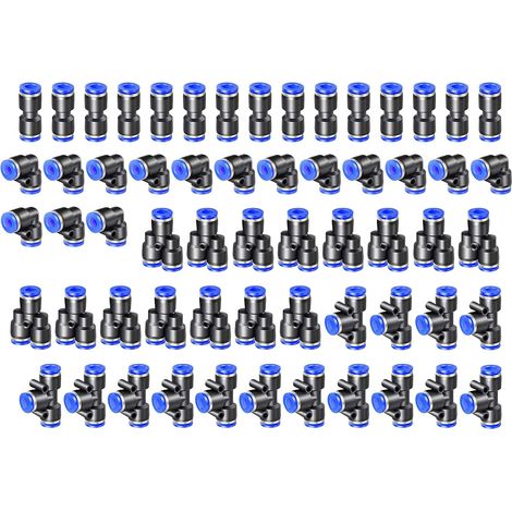 Kit de 60 raccords pneumatiques rapides pour tuyaux d'air de 6 mm, comprenant des connecteurs droits, coudés, en T et en répartiteur (1/5)
