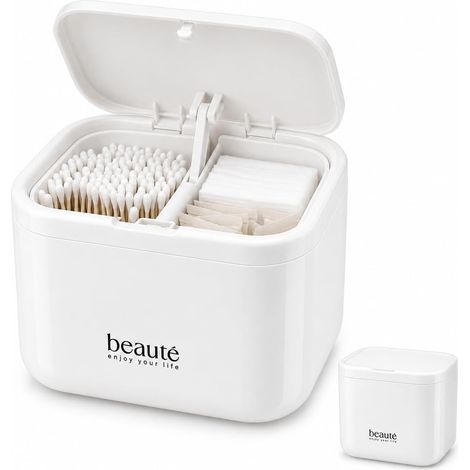 Soporte desplegable para bastoncillos de algodón, dispensador de discos desmaquillantes, montaje en pared o encimera, caja organizadora para baño. (1/5)