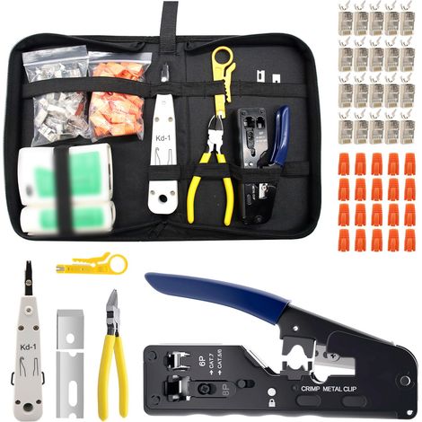 Pince à sertir RJ45, kit d'outils réseau avec 20 connecteurs RJ45 Cat7/Cat6a Pass Through, testeur de réseau, outil de perforation LSA, pince à dénuder, outils de réparation RJ45/RJ11/R (1/5)