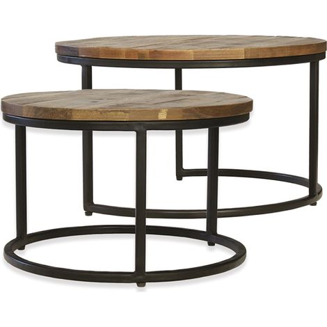 Industrial Round Stool (Set of 2) - Mango Wood/Iron - L70 x W70 x H40 cm - Mango PP Saw Finish