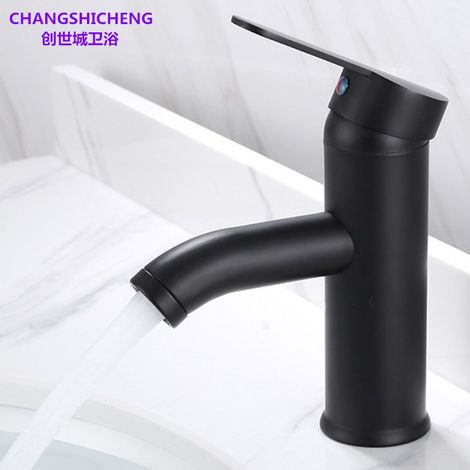 Black stainless steel hot and cold water basin faucet for bathroom vanity, washbasin, and hand basin - splash-proof faucet. Low-profile black stainless steel model.