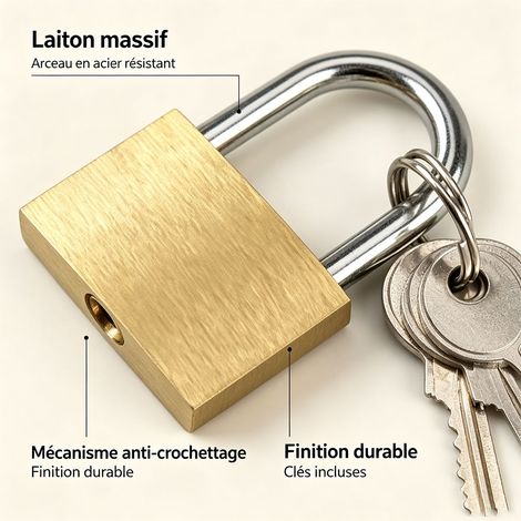 Kit 2 cadenas laiton 50 mm, cadenas à clé haute résistance, finition laiton, usage intérieur et extérieur, sécurité pour casier et valise - Laiton (1/5)