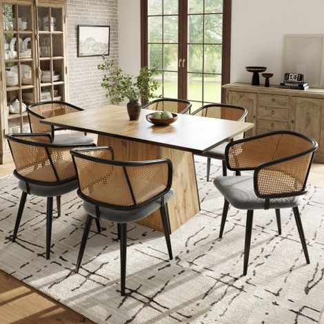 6 Esszimmerstühle, Esszimmerstühle mit Rattan-Rückenlehne, Sitzkissen aus Samt-Kissen, bequem und atmungsaktiv, moderner und einfacher Stil, geeignet für Restaurants, Wohnzimmer und Cafés
