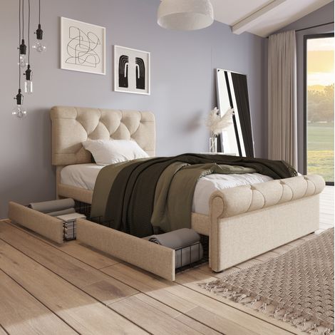 Letto singolo imbottito 90x200 cm con 2 cassetti, testiera regolabile, Natural (1/5)