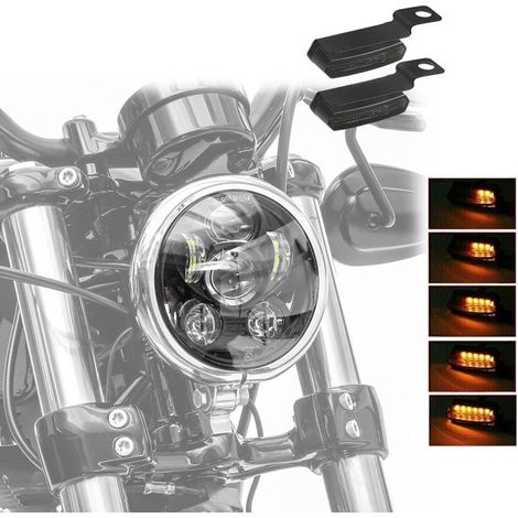 Set Phare LED 5,75" schwarz + sequenzieller LED-Blinker TS4 für Harley Davidson