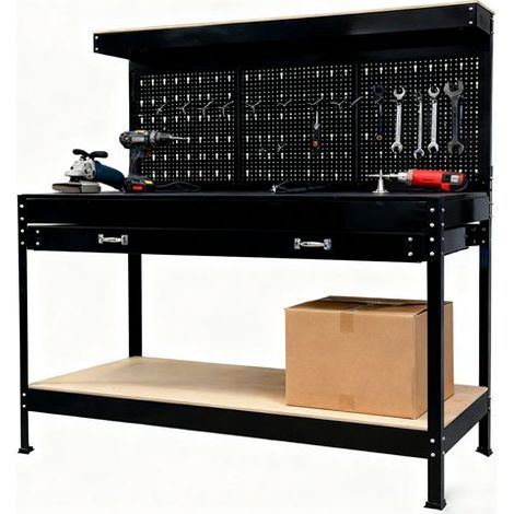 SwitZer Heavy Duty Metal Workbench Garage Table Pegboard Shelf Drawer Workshop (1/5)