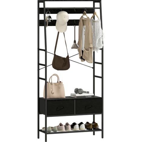Appendiabiti industriale con 2 cassetti in tessuto, ripiano, 8 ganci e struttura in acciaio, 80 x 30 x 180,5 cm, nero.