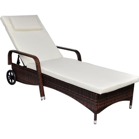 Tumbona tumbona cama solar cama de jardín mobiliario de exterior para patio con cojín y ruedas resina tejida marrón 020012447