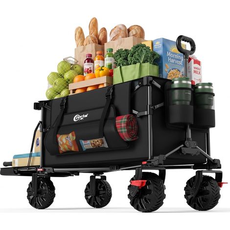 Chariot de Transport Pliable XXL 400L Capacité 210kg avec Hayon Rabattable Roues Tout Terrain 360° Frein Double Poignée Réglable Idéal pour Jardin Plage Camping et Courses (1/5)