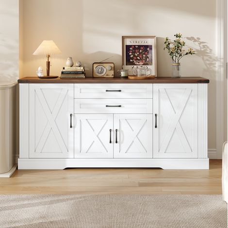 Buffet blanc avec plateau en MDF, 4 portes, 2 tiroirs et 6 étagères réglables OKWISH (1/5)