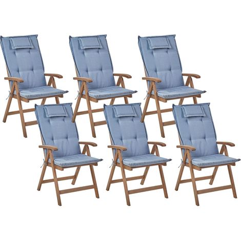 Set mit 6 Stühlen und Sitzkissen AMANTEA Akazienholz Blau